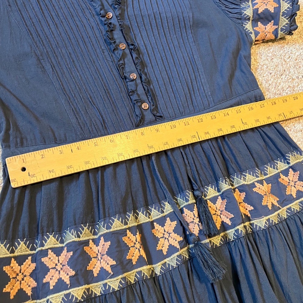 Ivy City Co Navy Blue Embroidered Cotton Gauze Tiered Midi Dress Boho Womens L - Picture 9 of 10